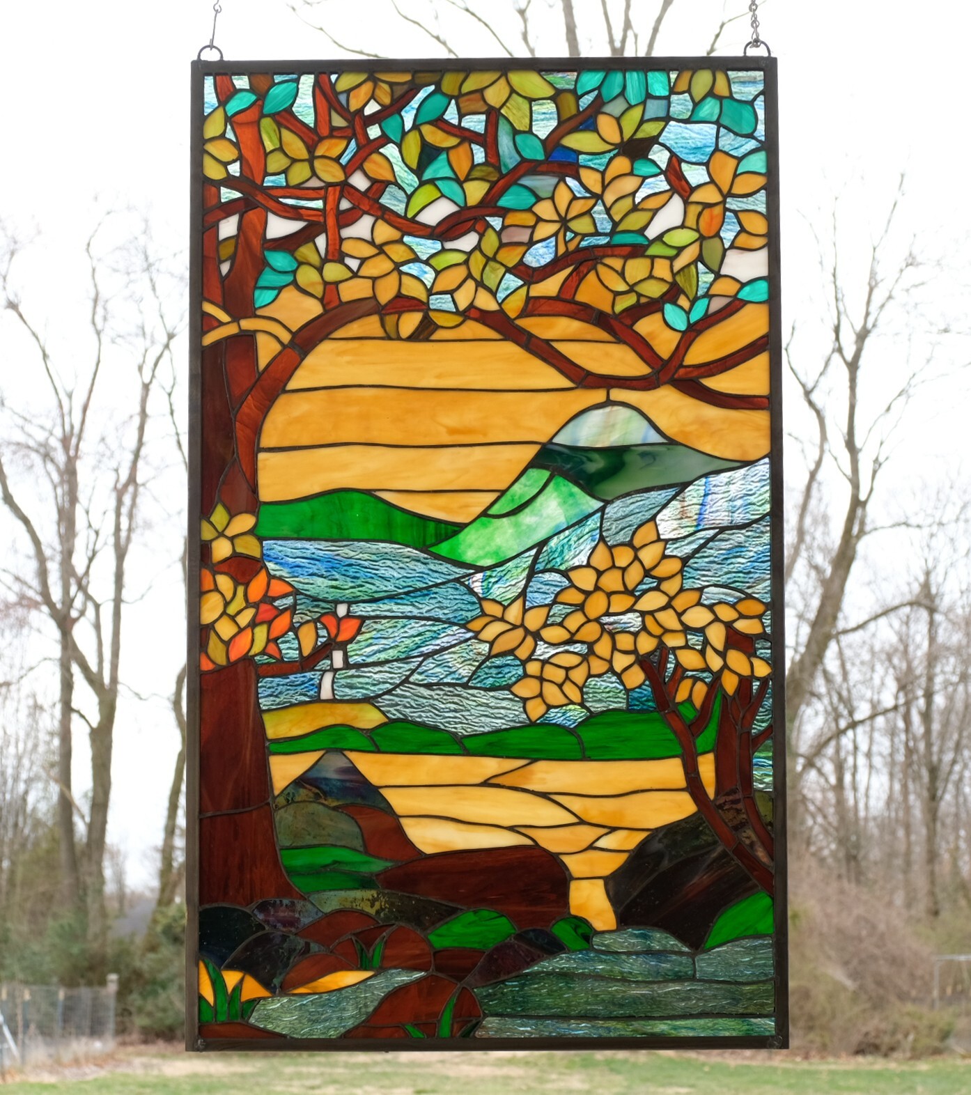 Tiffany Style stained glass window panel Dawn in Valley. 20.5″ x 34.5″