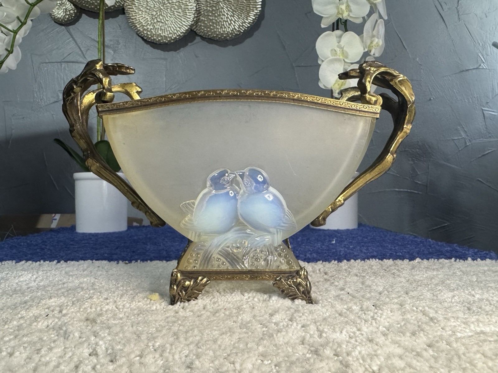 1930’s Verlys Frosted Crystal Footed Vase with Lovebirds France Signed