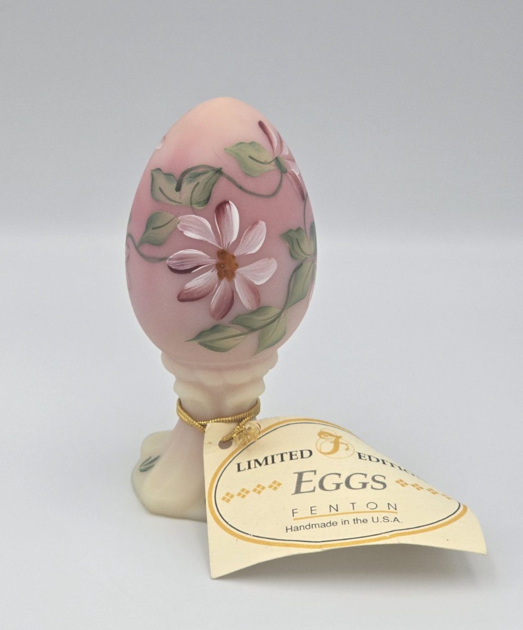 Vintage Fenton Egg Pink Uranium Burmese Flowers Hand Painted Signed 2700/3000