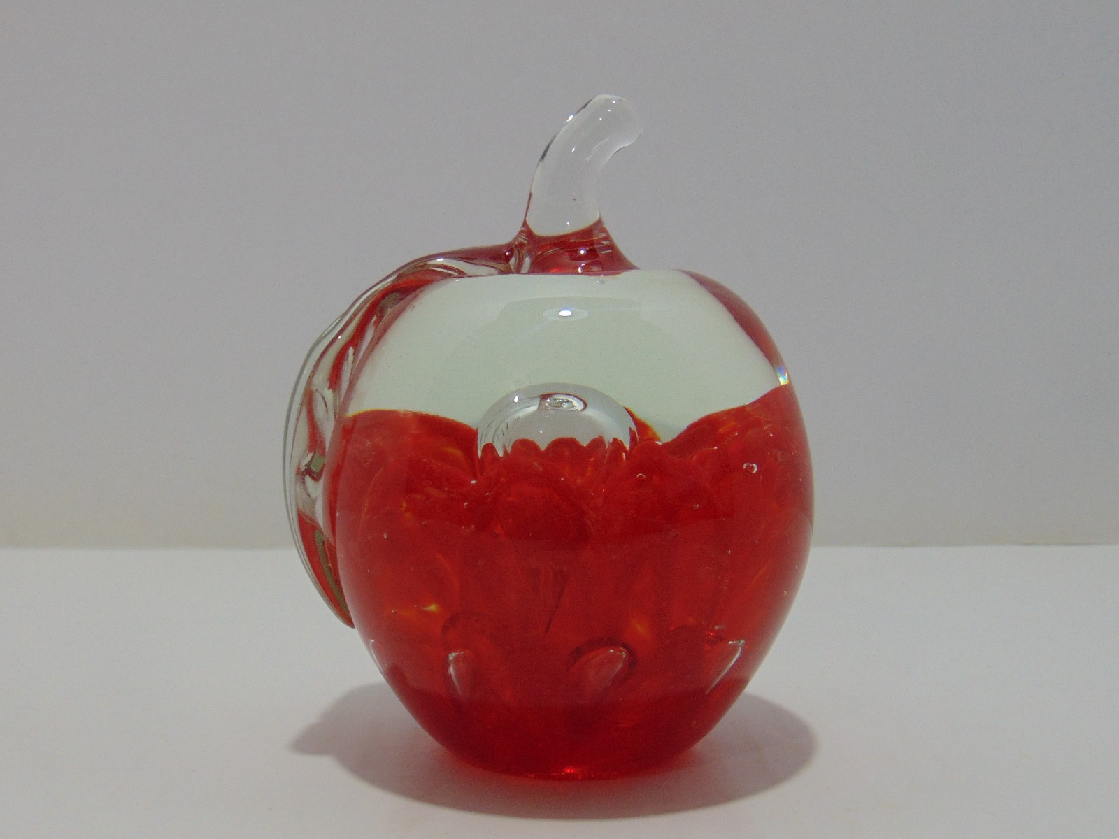 Joe St. Clair Art Glass Apple Paperweight Red Controlled Cloud And Bubble Signed