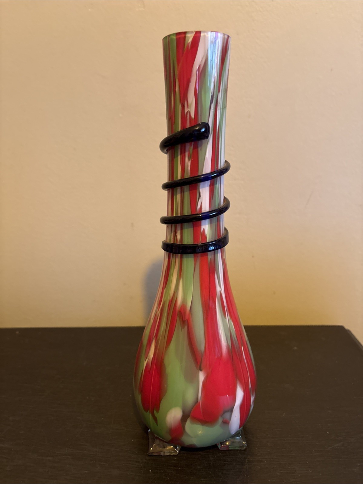 Czech Art Glass End Of Day Ribbed Serpentine Snake Coil Vase Red Green White 12”