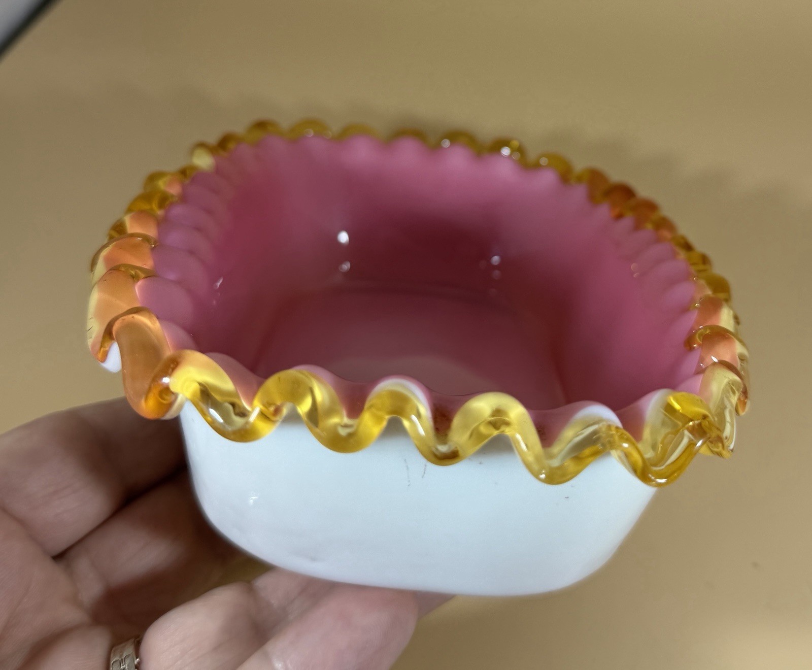 Peach Blown Glass Amber Crest -Crimped Fluted Rectangular Candy Dish -Art Glass