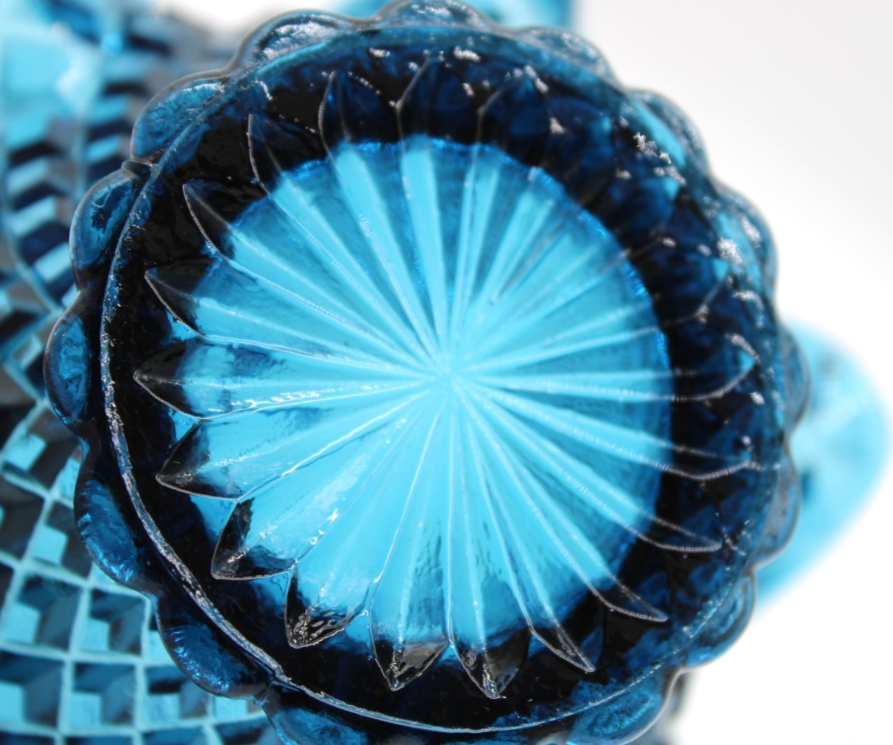 Vintage Indiana Glass Basket Horizon Blue Ruffled with Handle Tiara Line Diamond