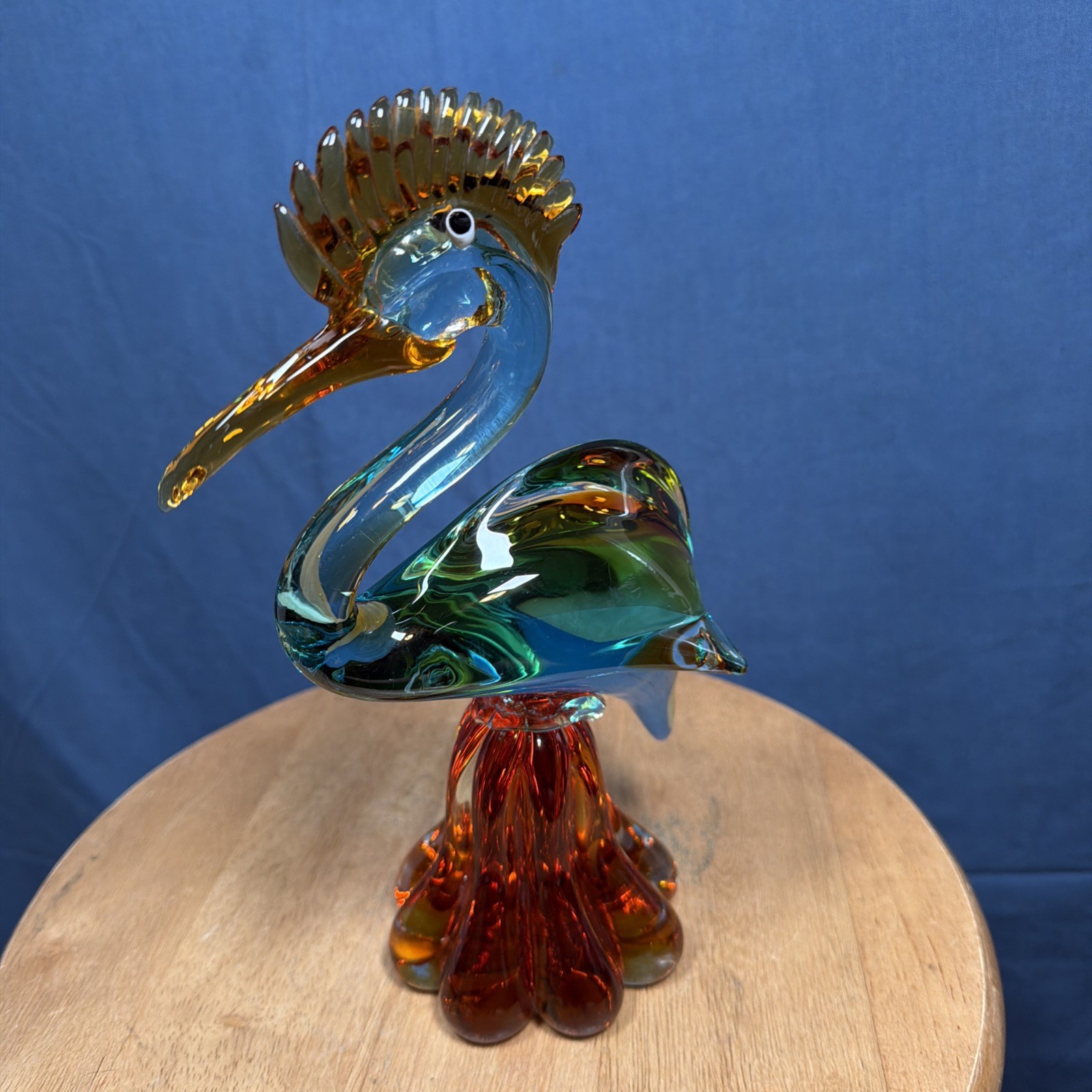 Vintage Murano Style Glass Heron Bird Green Amber Gold Crest 10”