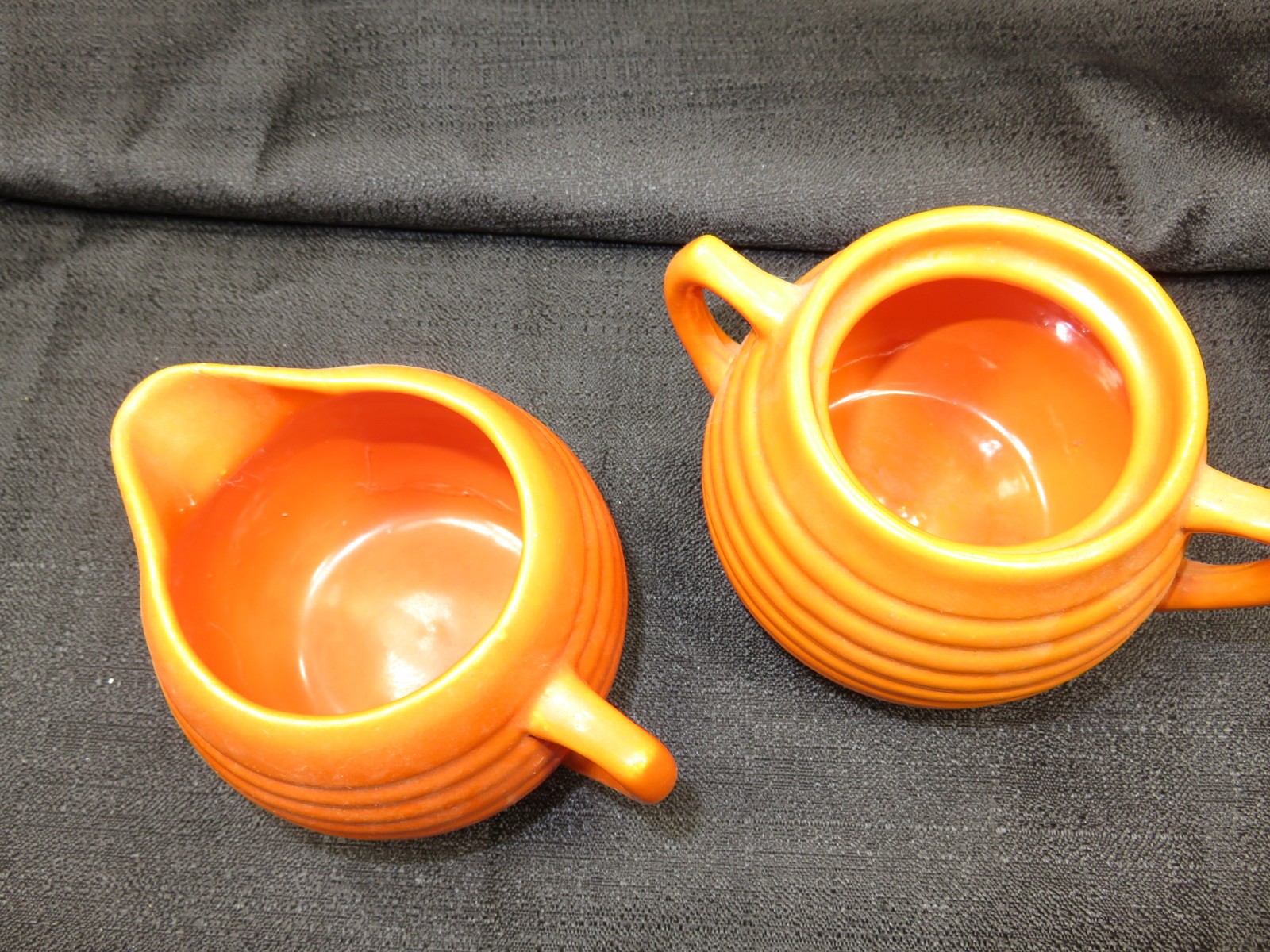 VINTAGE Bauer Pottery Ring Ware Orange Creamer & Sugar Bowl Set