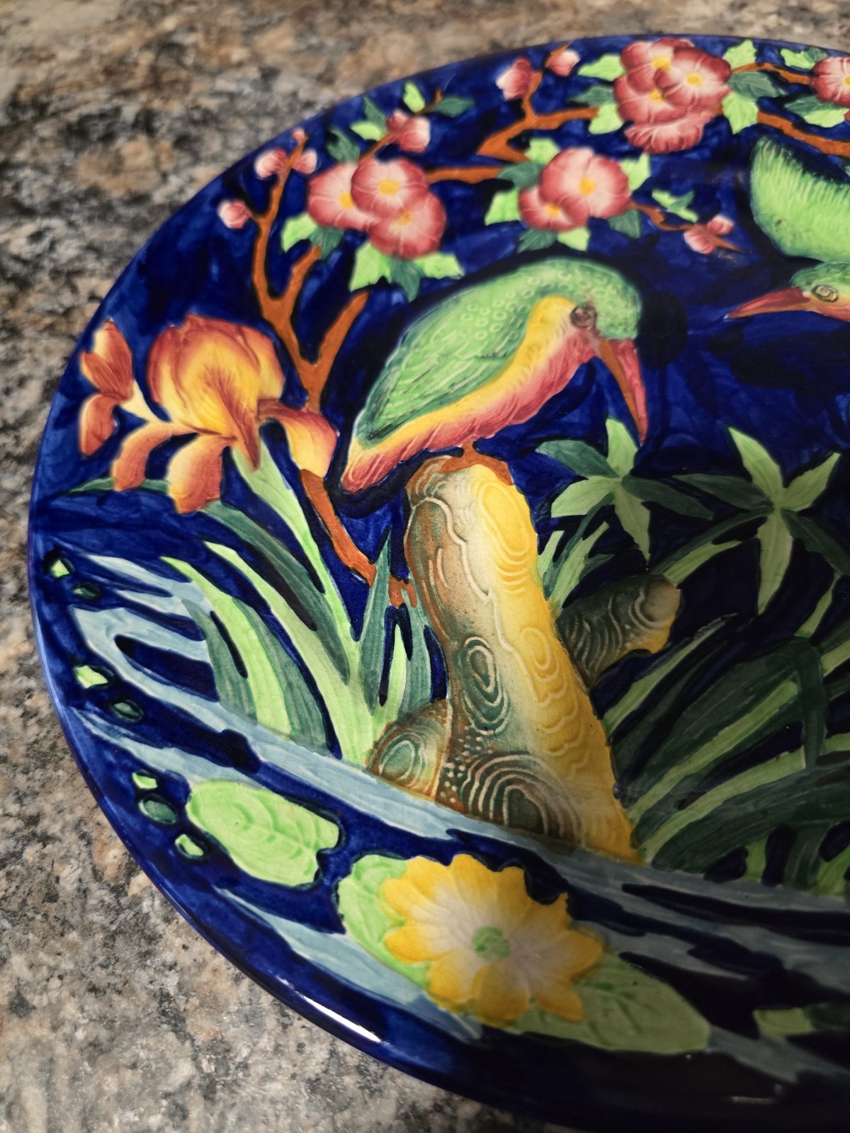 Vintage Maling Pottery Plate / Hummingbird / Charger Plate 11 1/8” Cobalt Blue