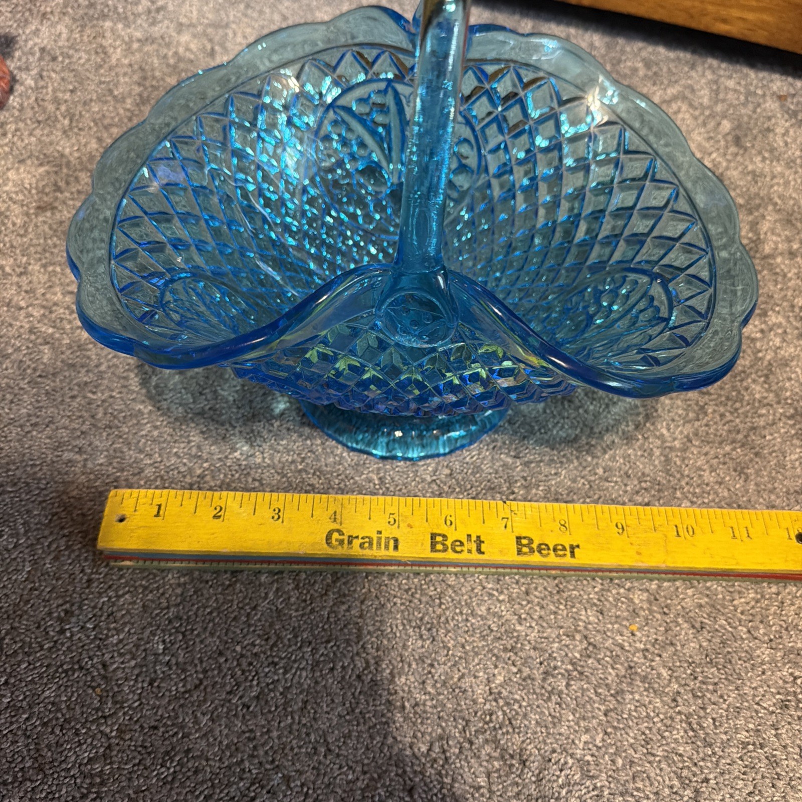 Vintage Indiana Glass Tiara Blue Glass Basket with Handle, Diamond Point