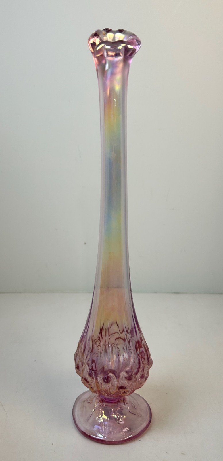 Pink Iridescent Glass Swung Stretch Bud Vase Embossed Bluebells Carnival 11.5″