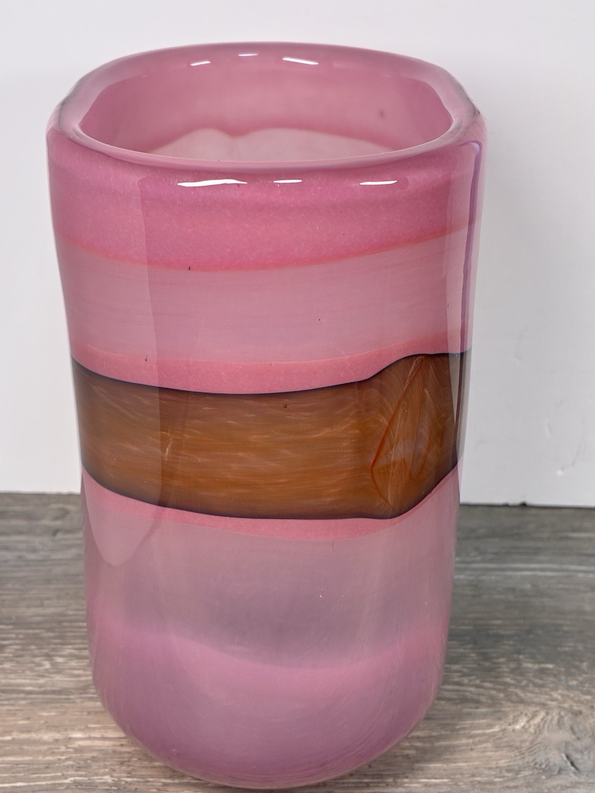 Beautiful HEAVY Glass Vase 7.5” Murano Style Pink Brown Band Art Glass Vintage