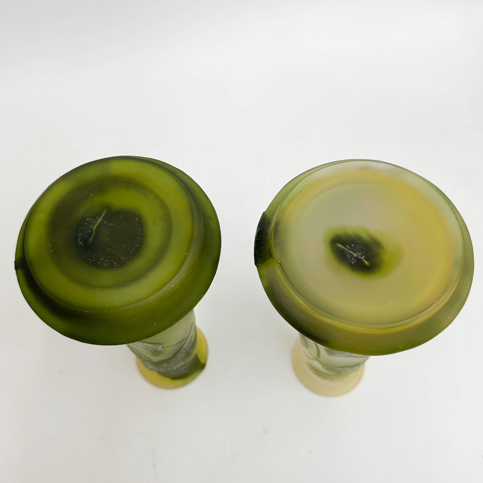 Pair Emile Galle France Acid Etched Cameo Art Glass Vases Clematis Florals c1900