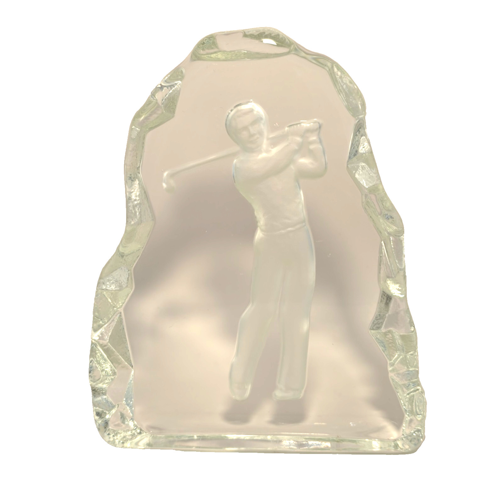 Nybro Sweden Crystal Golfer Paperweight Frosted Figure Clear Base 7″ Vintage