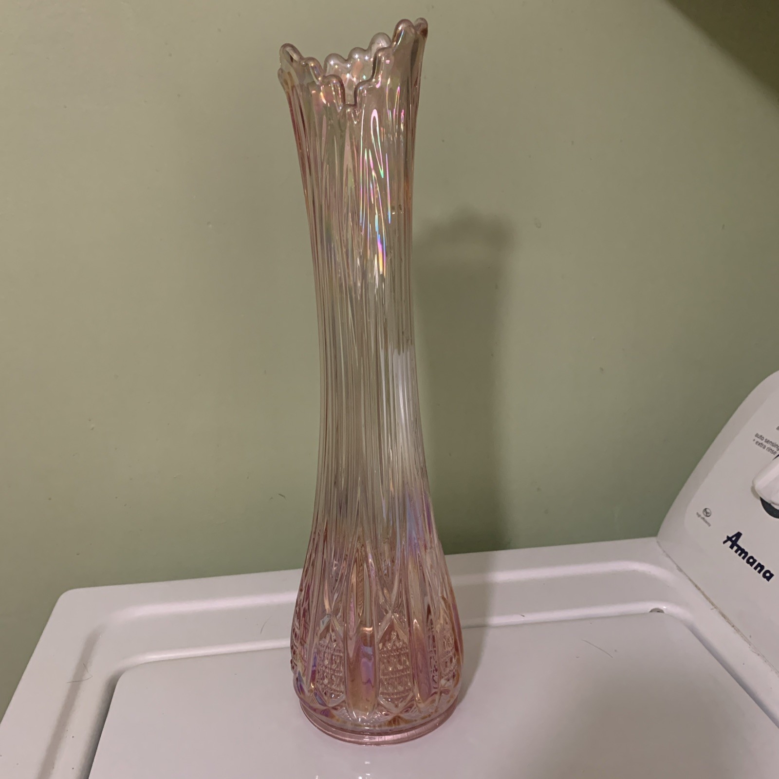 L E Smith Quintec Swung Vase Pink Iridescent Glass 16.25 Inches 16 Fingers