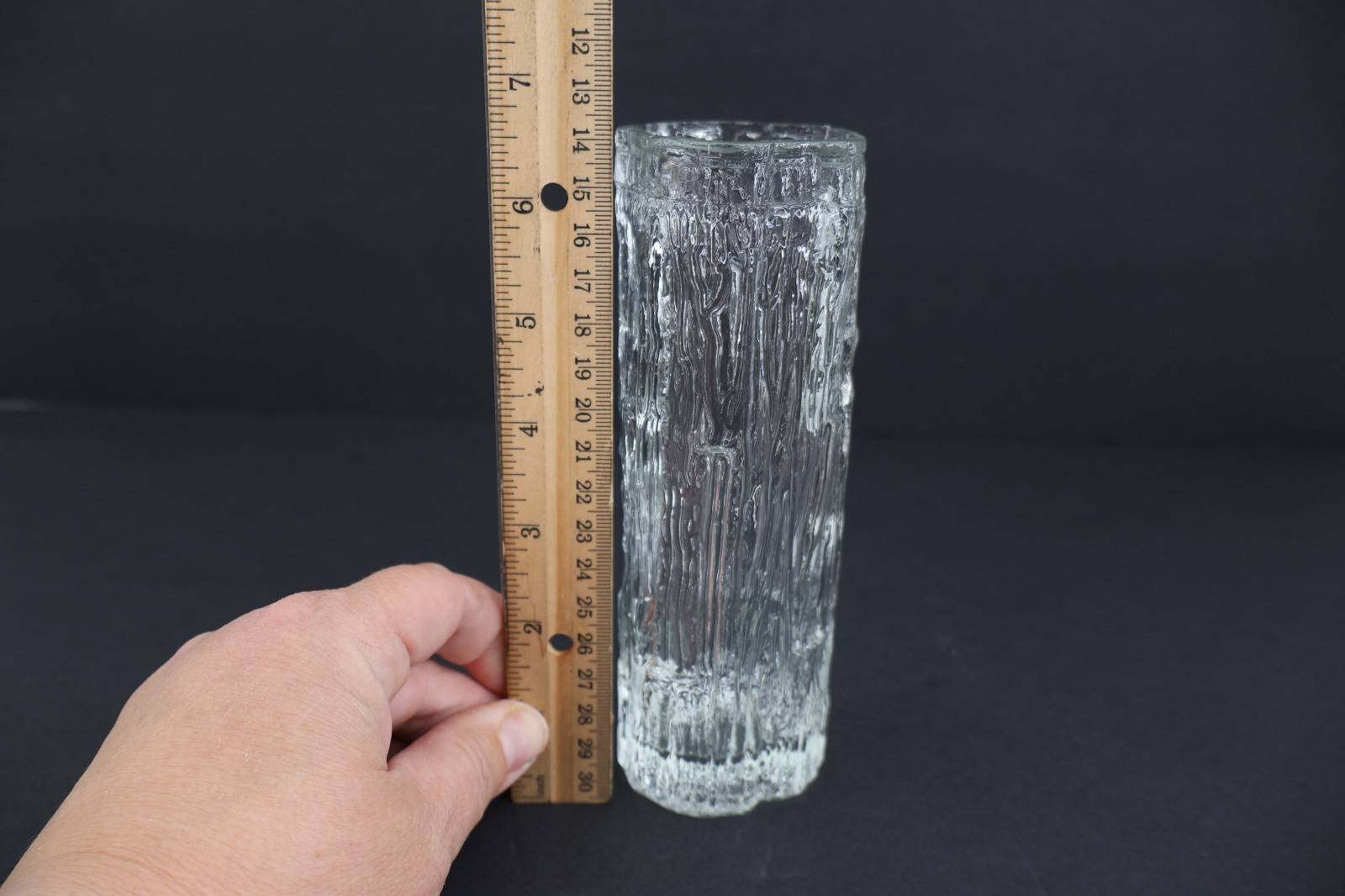 Ravenhead Bark Textured Clear Art Glass Cylinder Vase MCM British Ice Glass