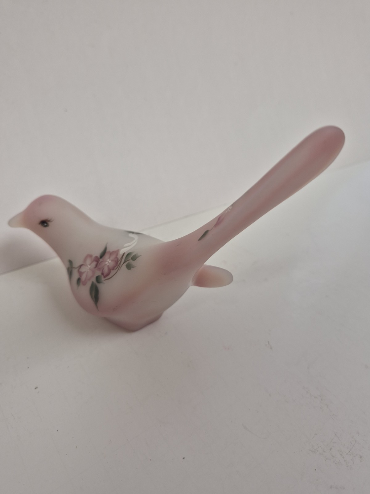 Vintage Fenton Rosaline Pink Satin Glass Bird Hand Painted Florals Signed