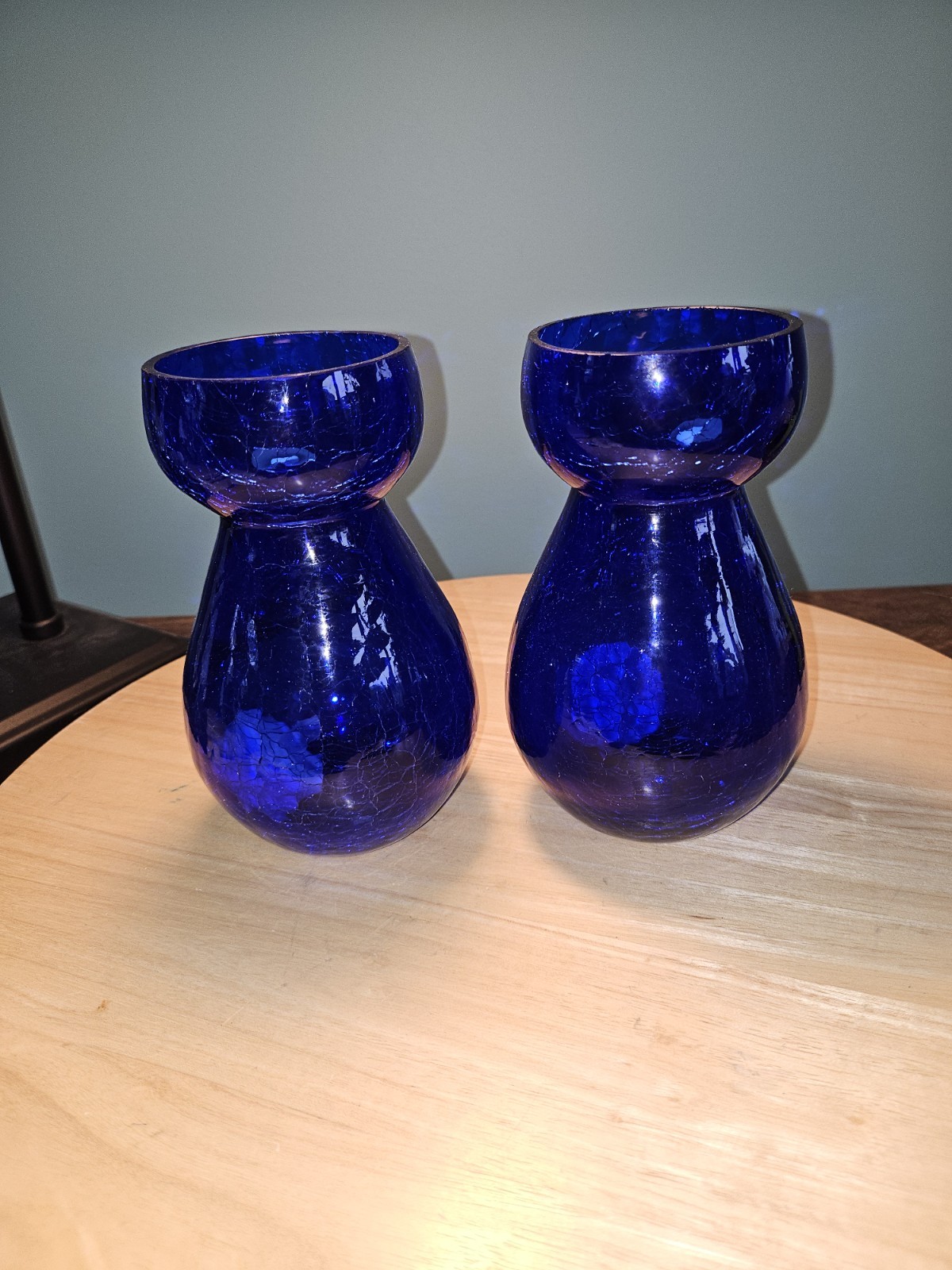 2 Hand Blown Cobalt Blue Crackle Glass Vases. Made in India.