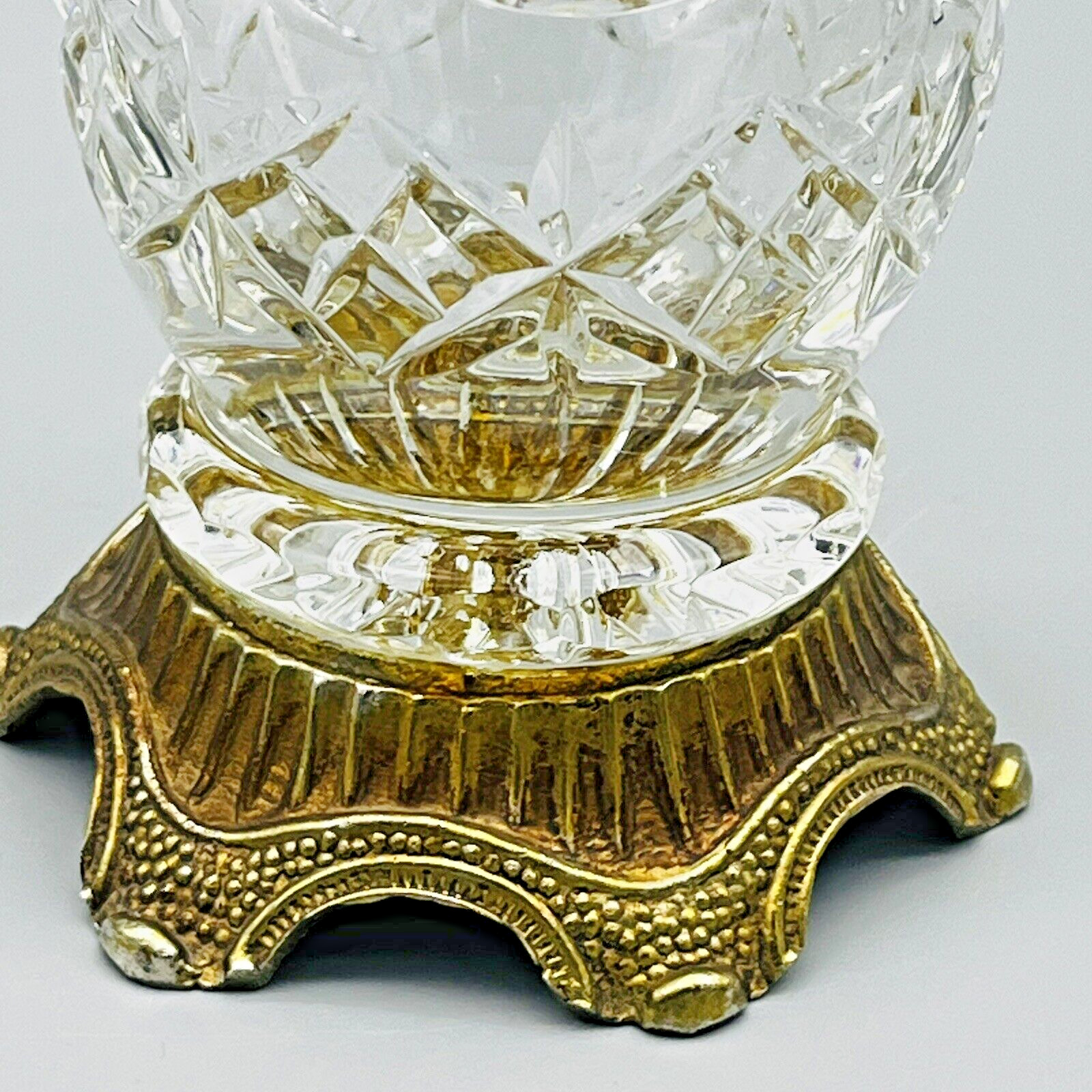 VTG Cut Crystal Trumpet Vase Pinwheel Starburst Formal Ornate Metal Footed Base