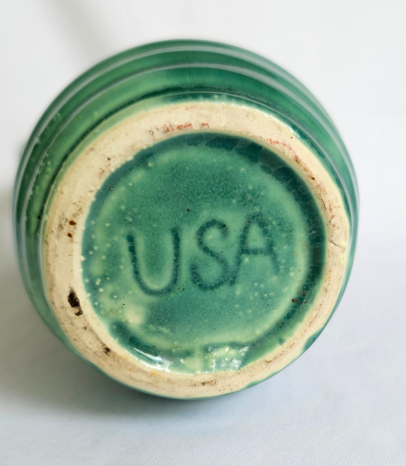 Vintage Shawnee Pottery Ringed Banded Cabinet Vase Green 5 3/8″ Tall EUC