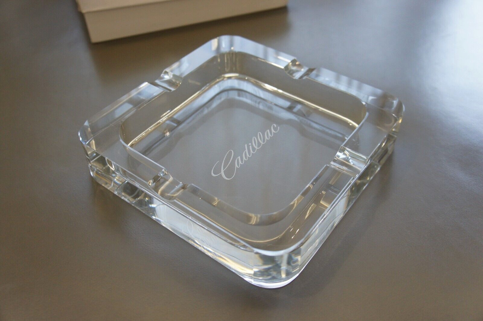 NIB Genuine Cadillac Squared Clear Glass Ashtray Cigarette Cigar Decorative Tray