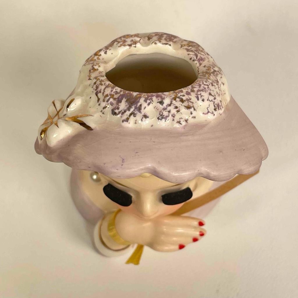 Vintage 1963 E-774 Ceramic Inarco MIJ Lady Head Thank You Vase With Earrings – J