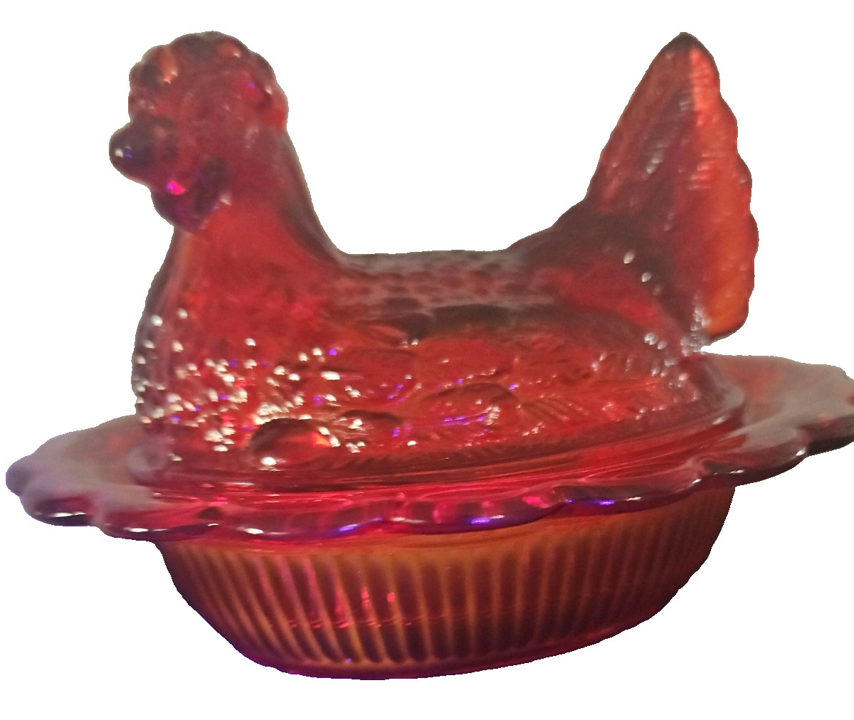 Mosser Ruby Red Hen on Nest-UV Reactive Cadiuim Glow Split Tail 6 1/2 inches