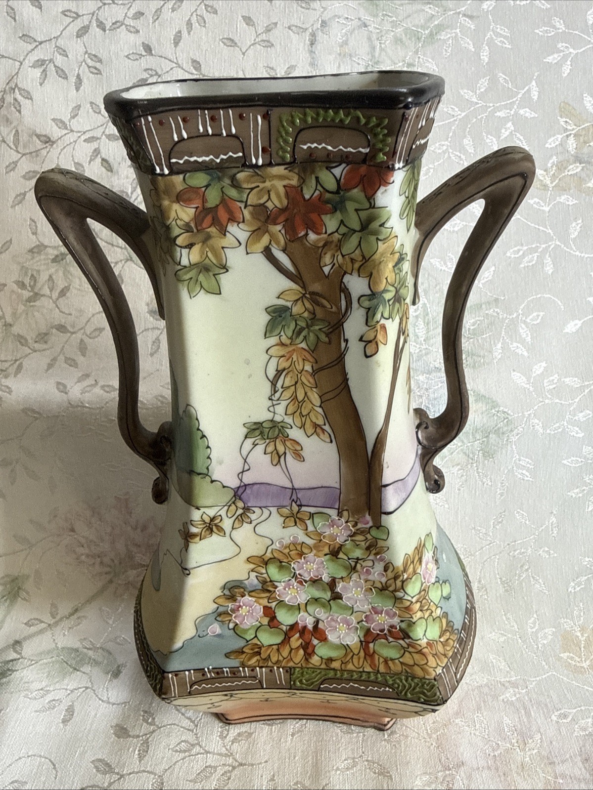 Antique Hand Painted Nippon Scenic Woodland Vase Double Handles Raised Enamel.