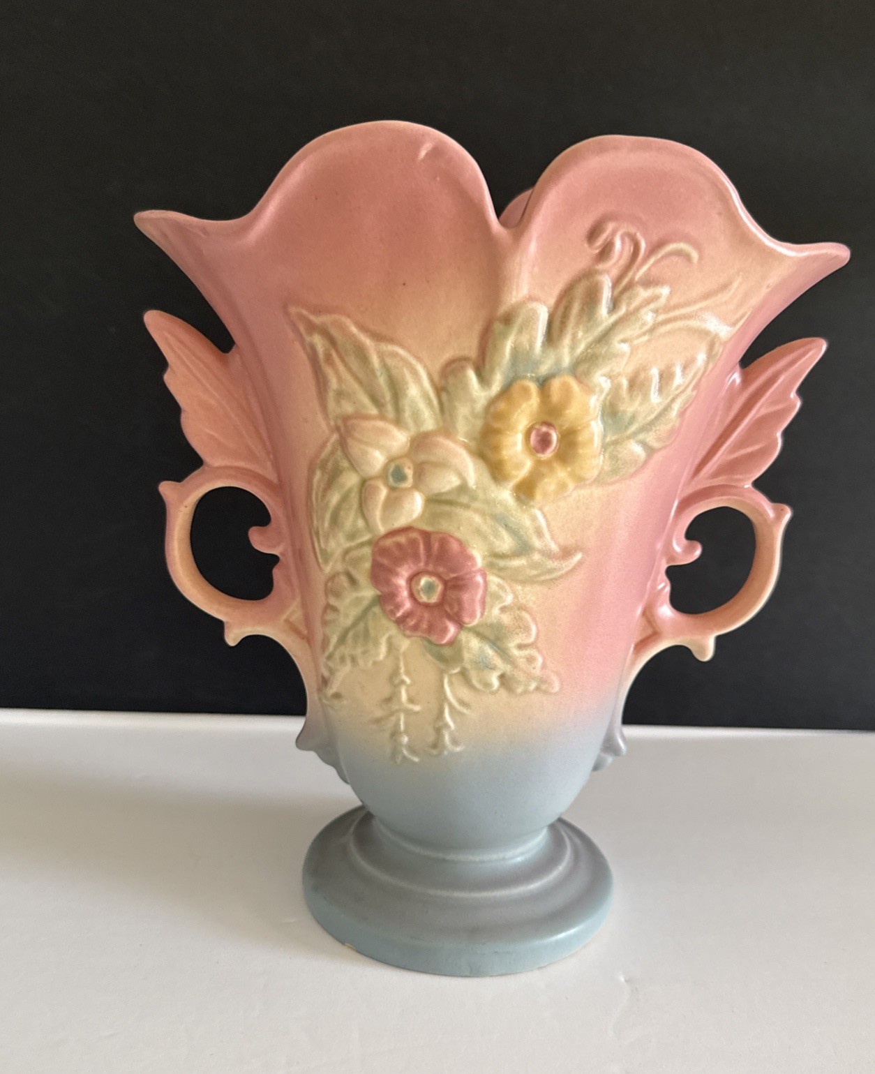 Vintage Hull Art Pottery Wildflower Vase Pink Blue Double Handle USA