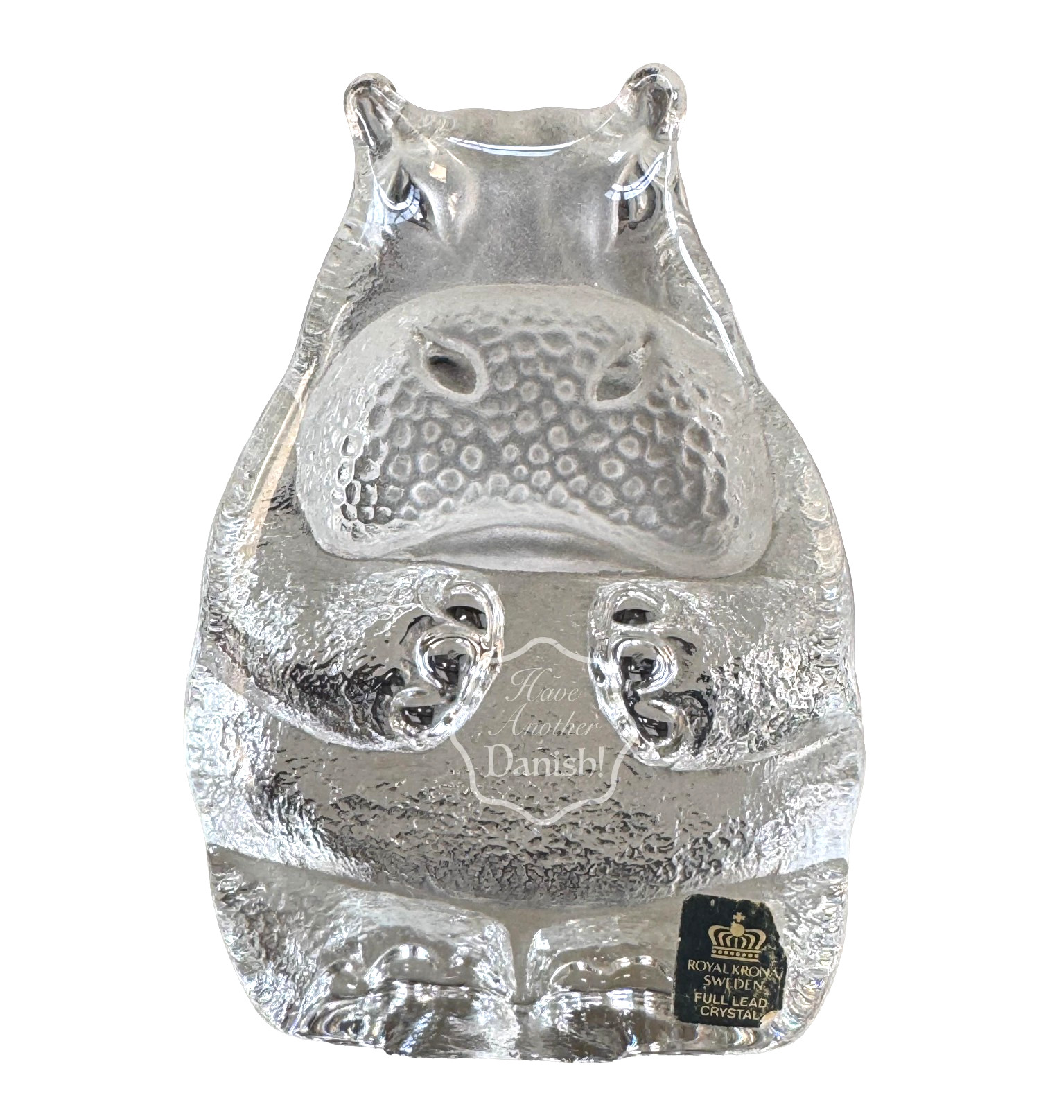 Sweden Glass Hippo Zoo Paperweight ROYAL KRONA Crystal Swedish 5”H Textured