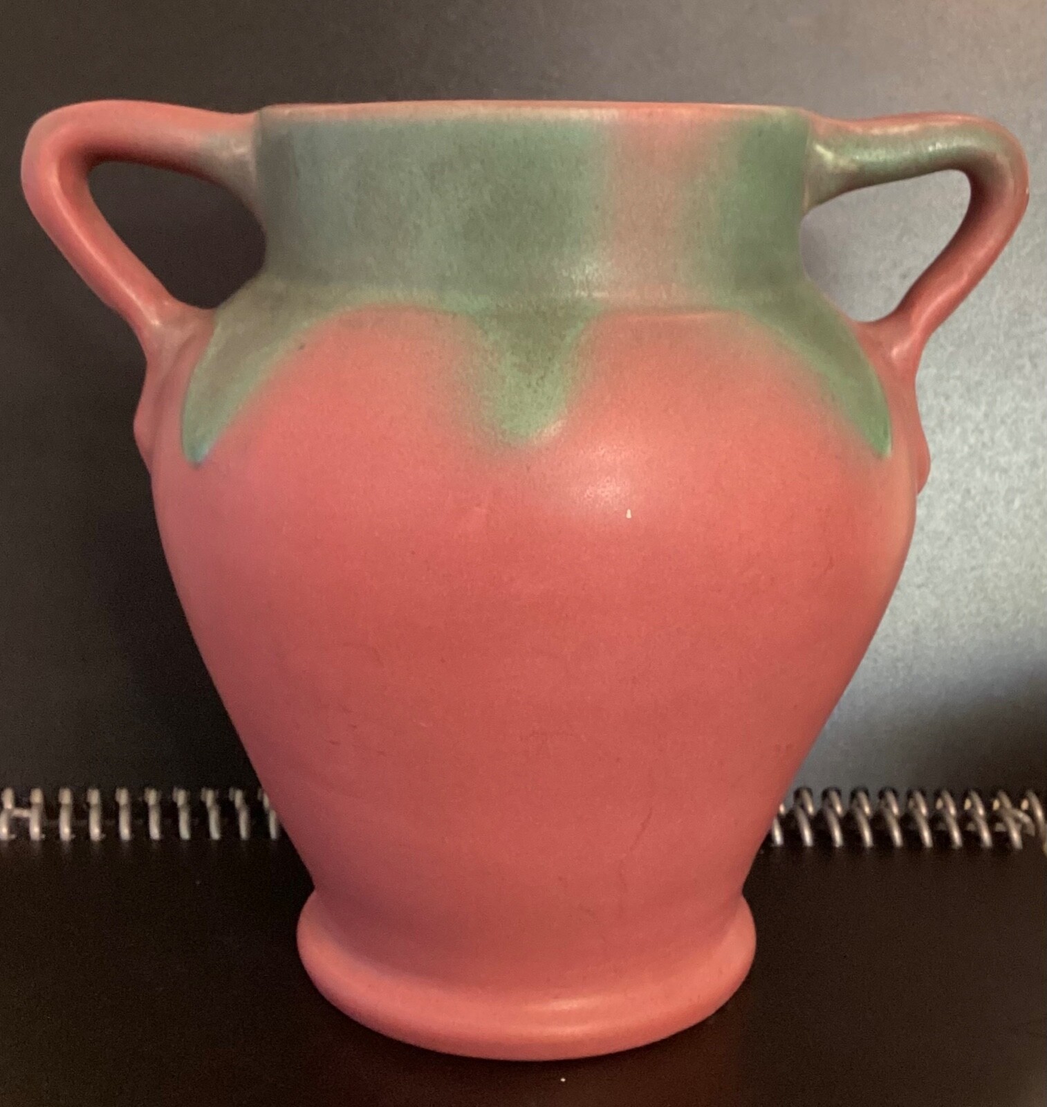 Muncie Pottery green over rose drip glaze vase