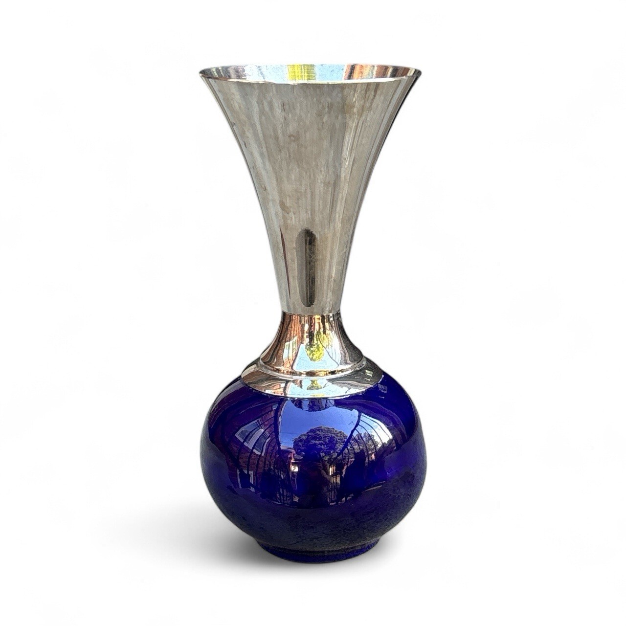 Vtg UCAGCO 6 inch Cobalt Blue Glass And Metal Bud Vase Holland Original Sticker