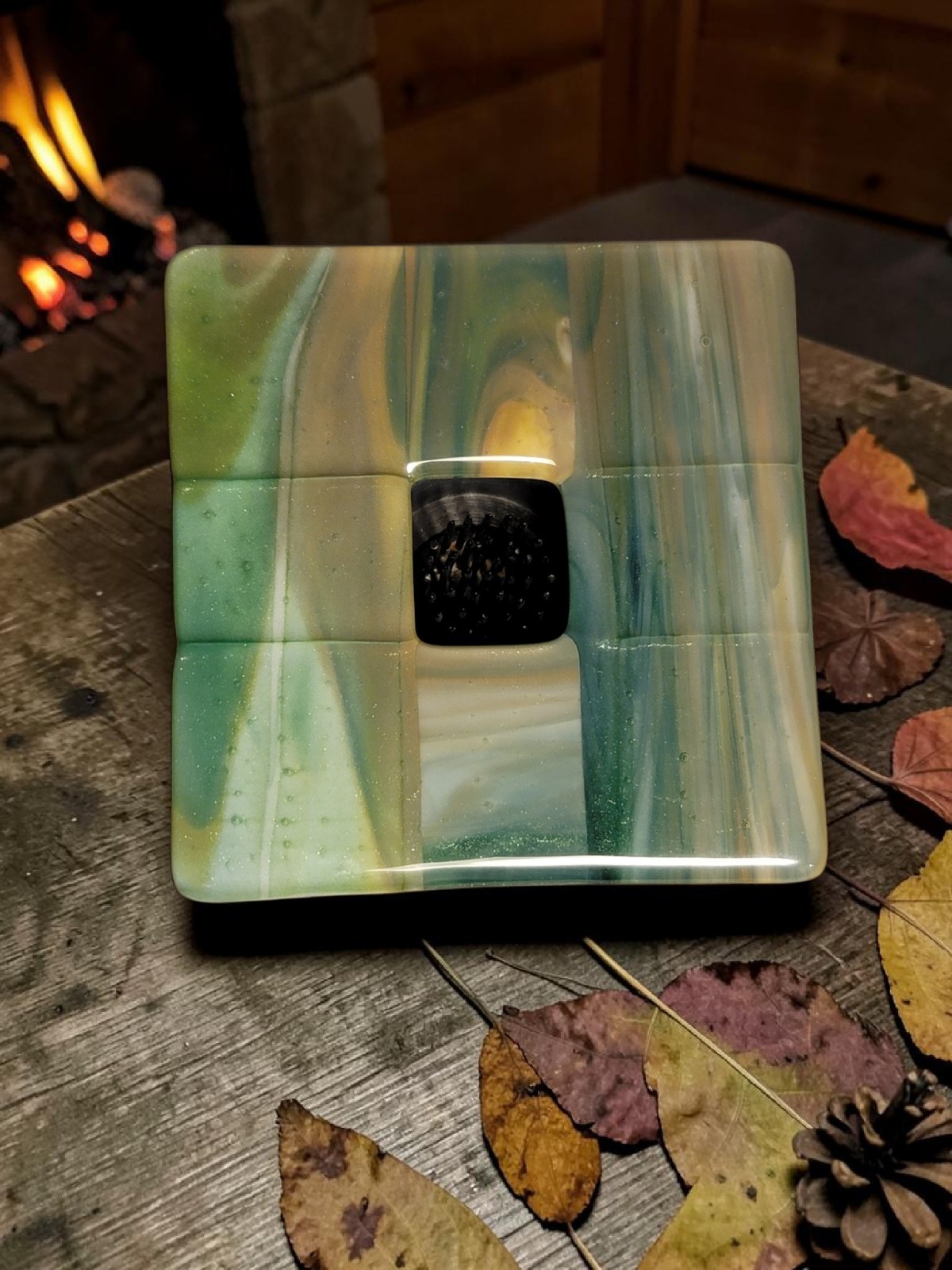 IKEBANA Fused Art Glass Flower Frog Vase Organic Color & Design 4.75″ x 4.75″