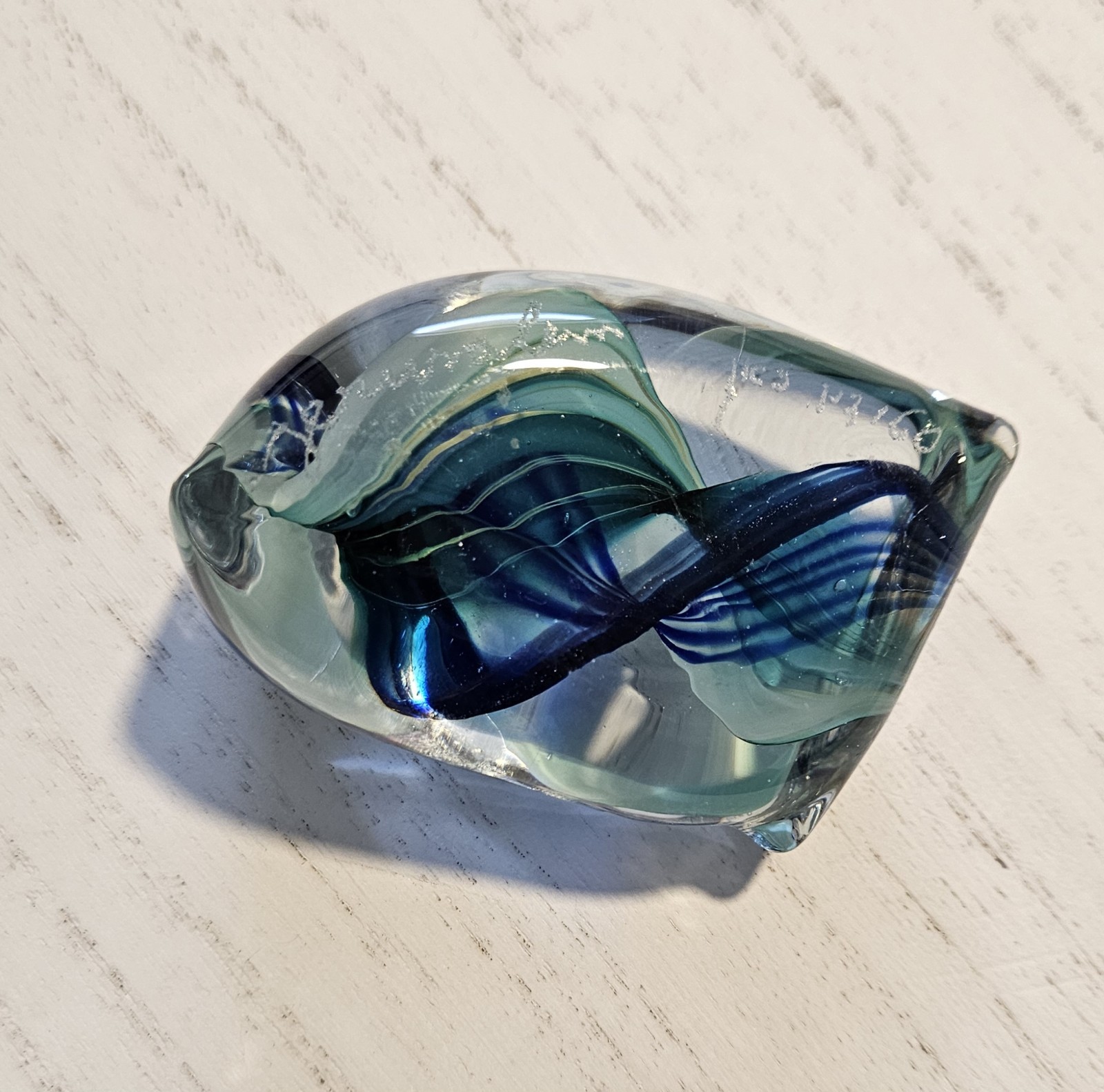 Unique vintage SIGNED BLUE Jerusalem Art glass paperweight