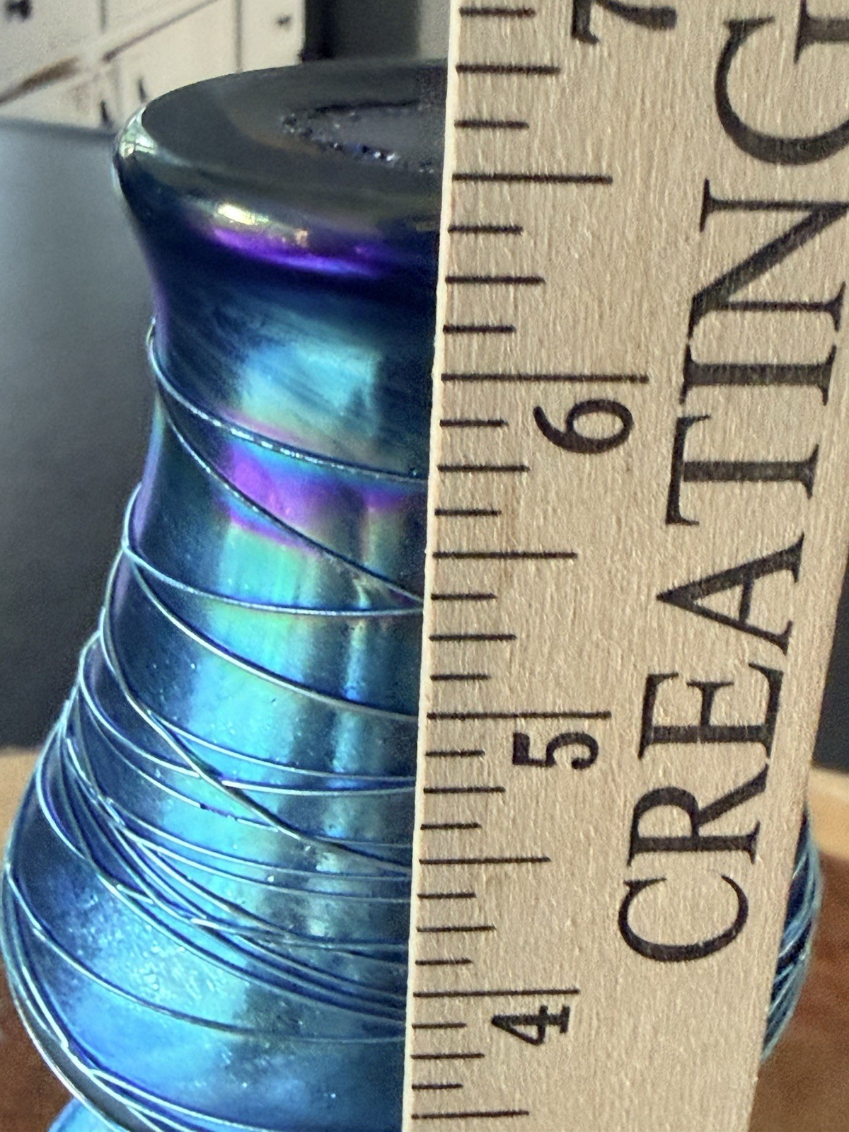 Signed Oakbrook Esser Threaded Blue Iridescent Art Glass Vase 1989