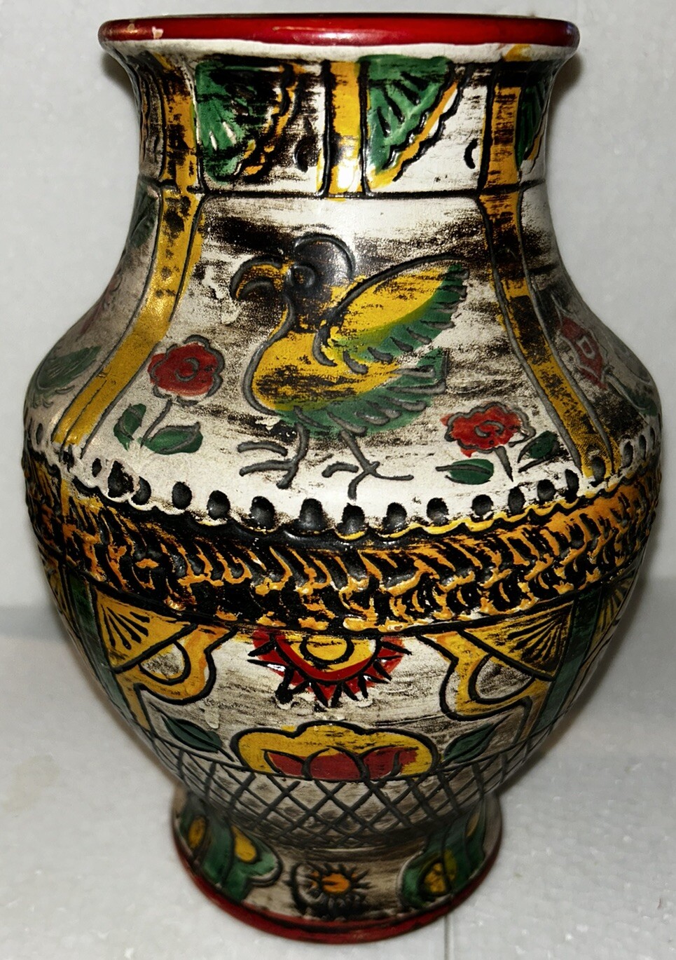 Vintage Made in Japan Bird and Floral Earthenware Vase. Pottery. Engraved Design