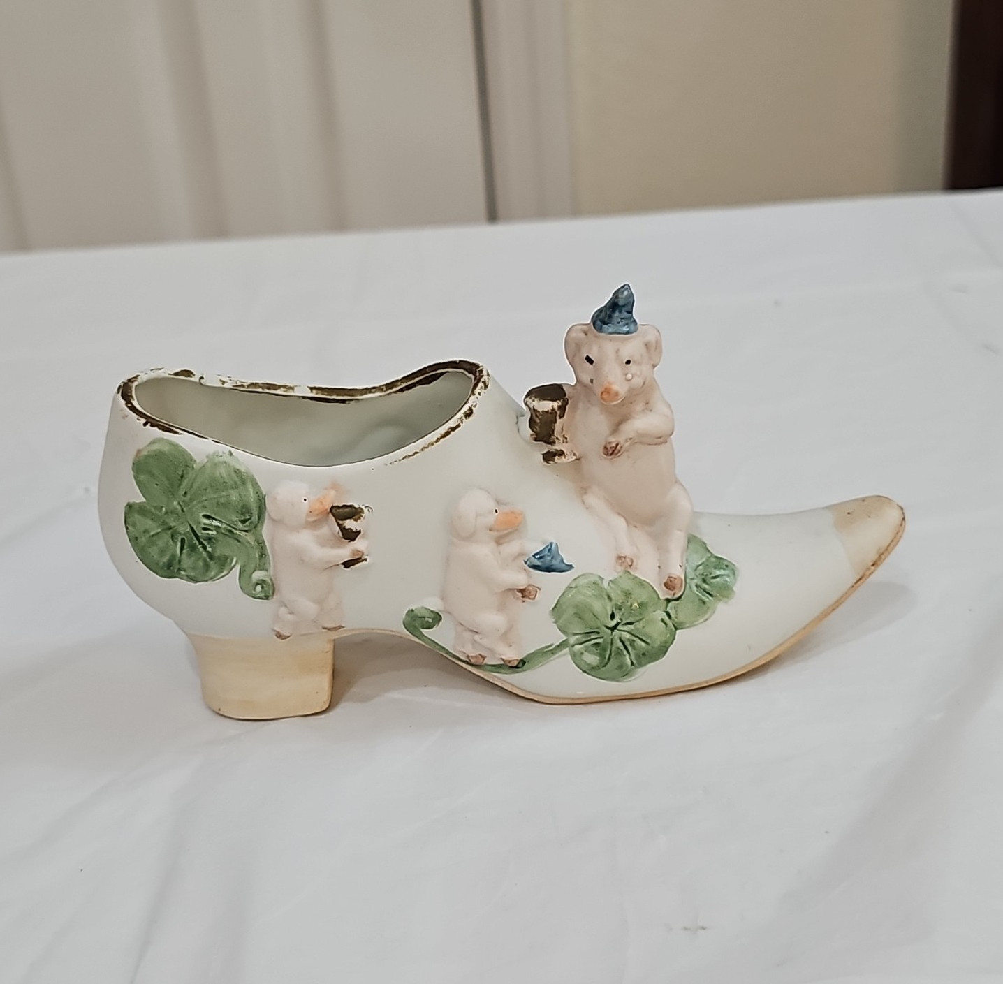 Ceramic Shoe Pig Figurine, Animal Theme, White Green Pink Blue