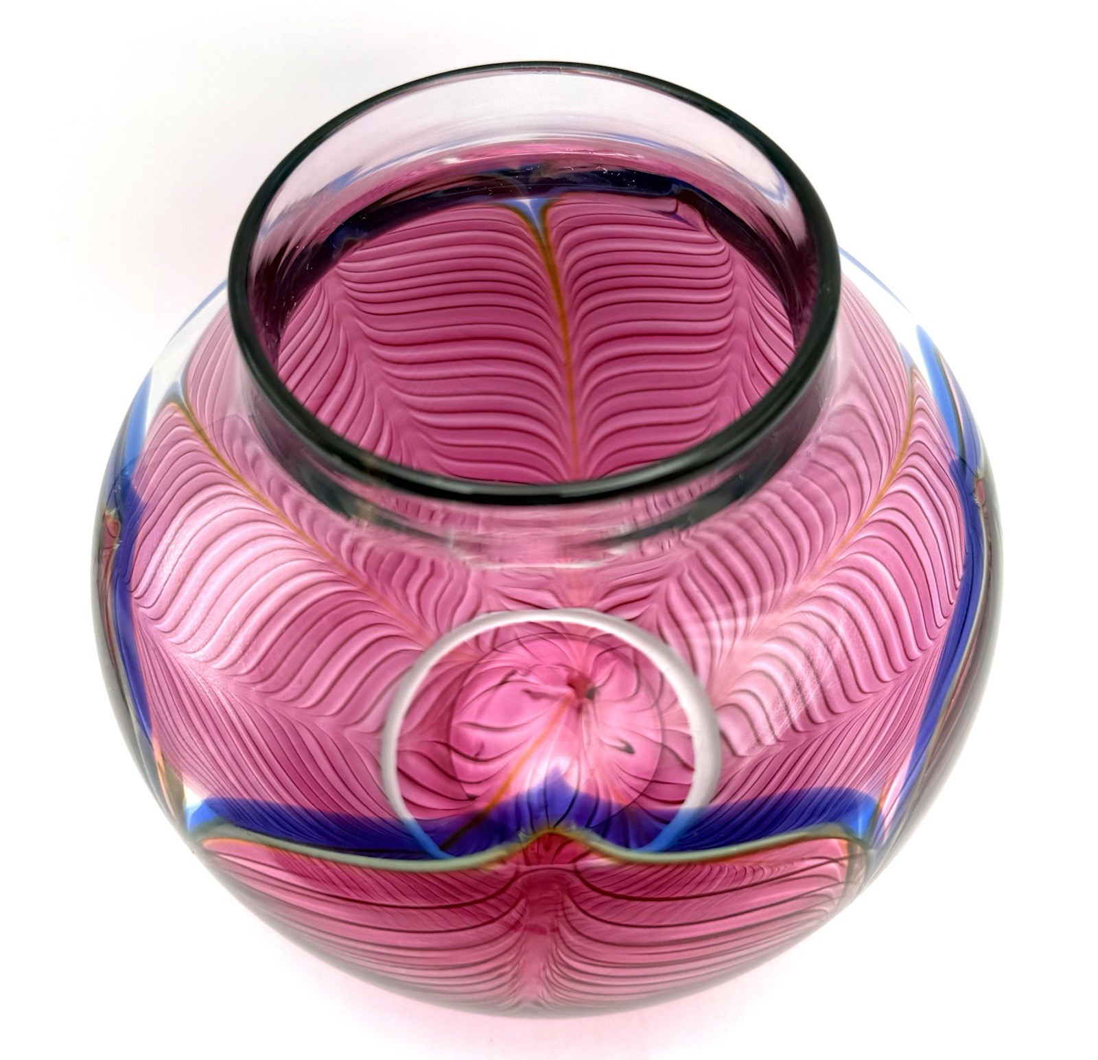 Zellique Studio Signed JM Joseph Morel Pulled Feather Vase 5.75” 1990 Art Glass