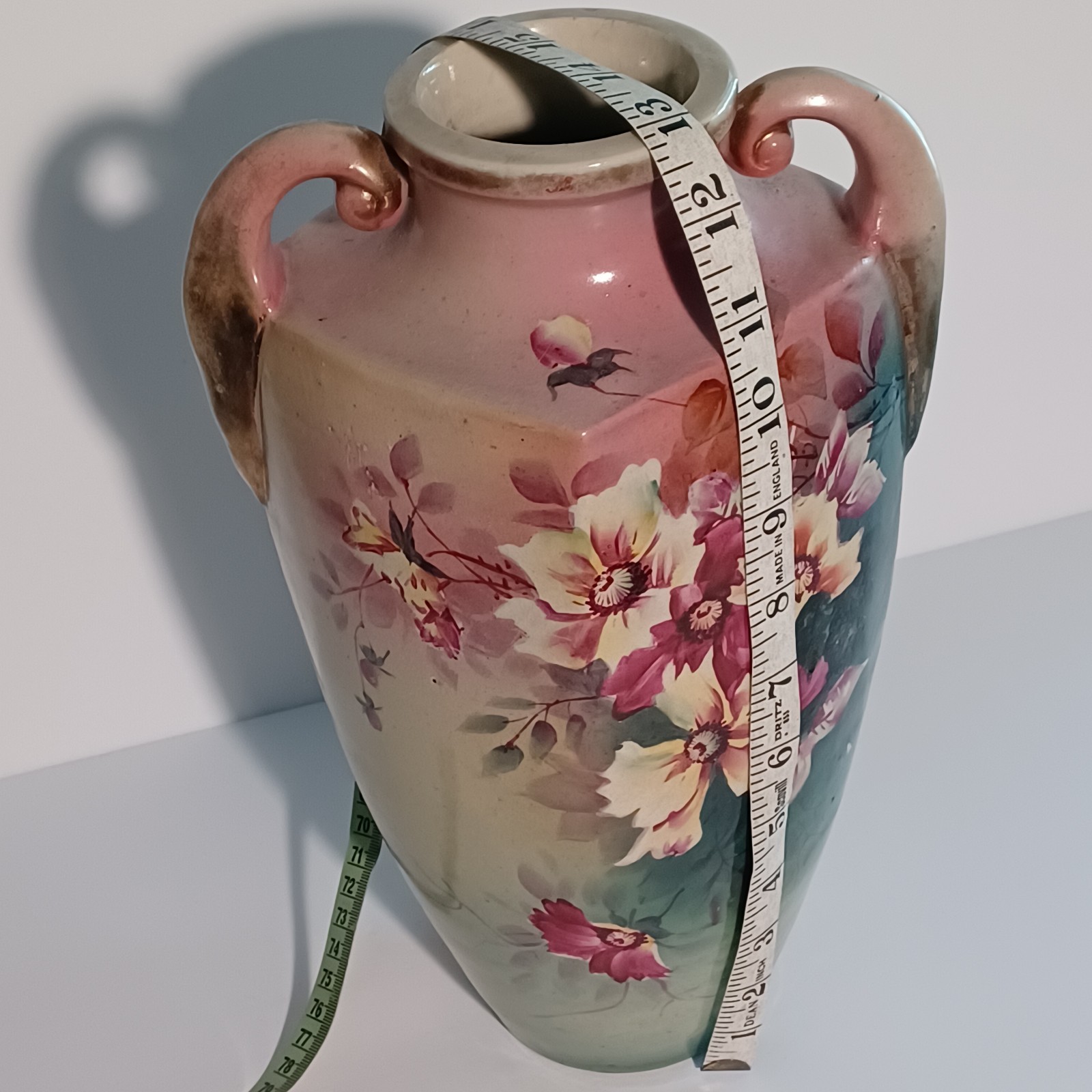 Japanese Ceramic Vase With Hand Painted Flowers 13in 1915-1921