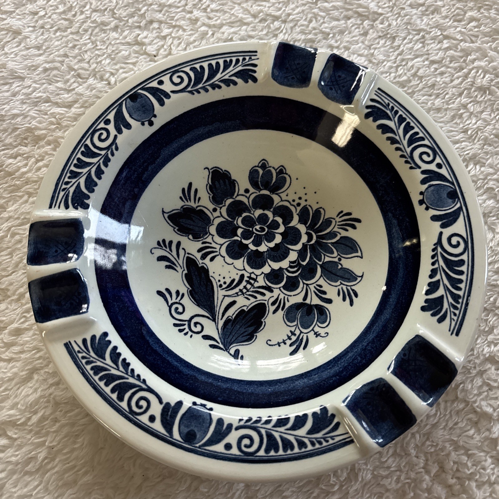 Ashtray Blue Delfts Distel Hand Painted Blue Floral Holland 7 3/8”New Old Stock