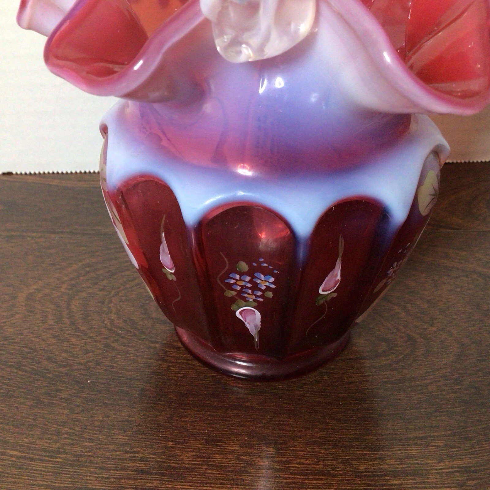 Fenton Cranberry Opalescent Glass Open-Heart Arches Basket Signed Diane Gersel