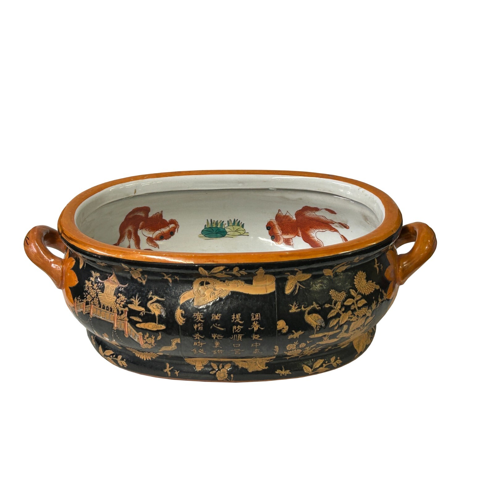 Vintage Chinese Black Copper Scenery Graphic Ceramic Oval Bowl Pot ws4282