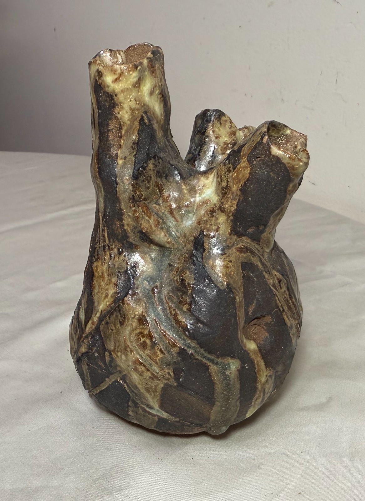 Vintage handmade brutalist American pottery anatomical heart shaped vase