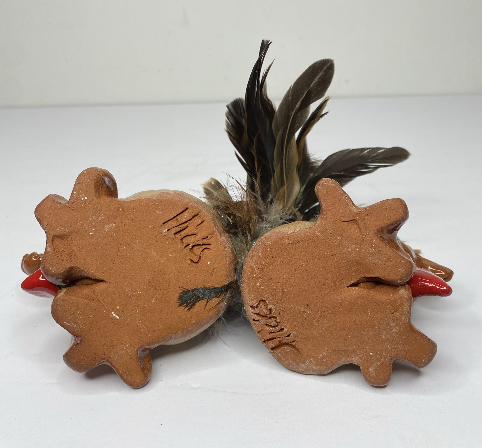 Vtg Hicks Red Clay Pottery Funny Birds w/ Feathers Candle Holders Signed