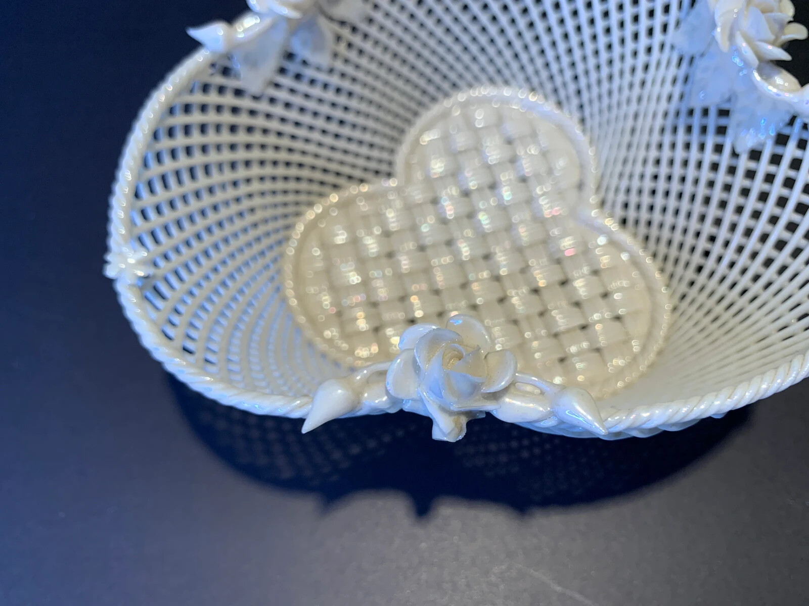 Antique Belleek Shamrock Roses & Buds Weave Basket-3rd Period -1920s – Ireland