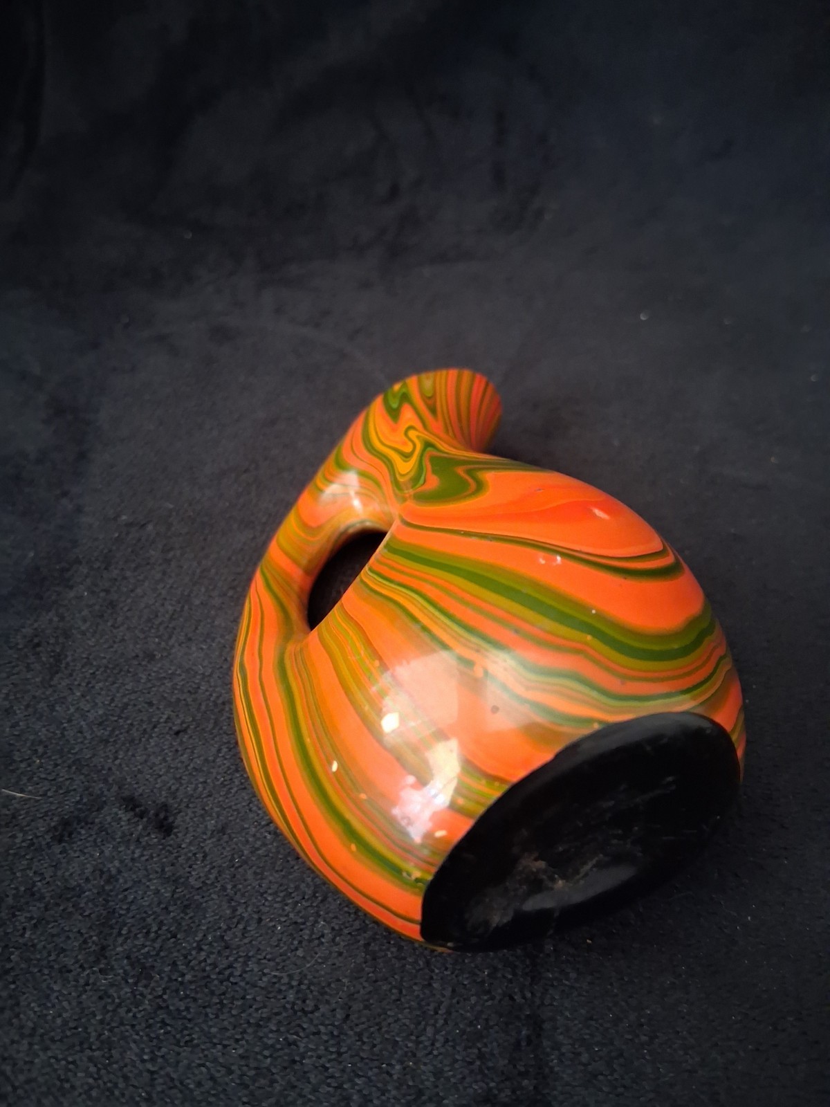 Orange Green Black Swirl Art Glass Decorative Vase Glossy Finish 4in