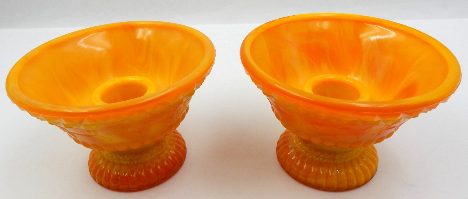 VINTAGE BOYD CRYSTAL ART GLASS ORANGE YELLOW SWIRL SLAG GLASS CANDLE HOLDERS