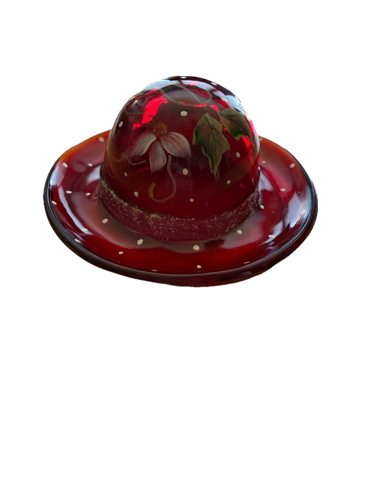 Fenton Red Hat Hand Painted Poinsettias Glitter Band Stand 5385 T7