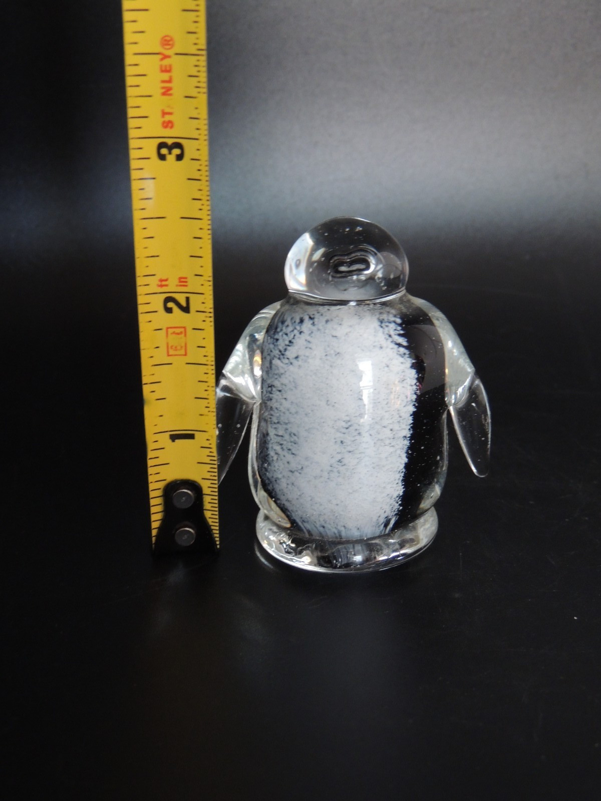 Vintage Art Glass Penguin Paperweight Figurine Fat Penguin Clear Black White