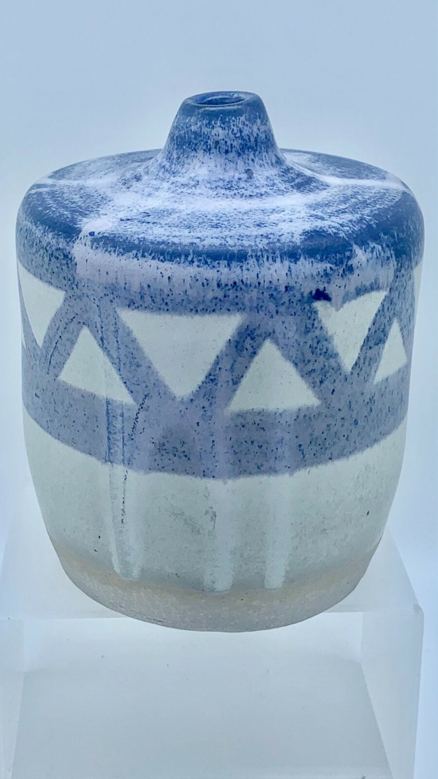 Studio Pottery Salt Glaze Vase Blue Chevron Modernist Signed