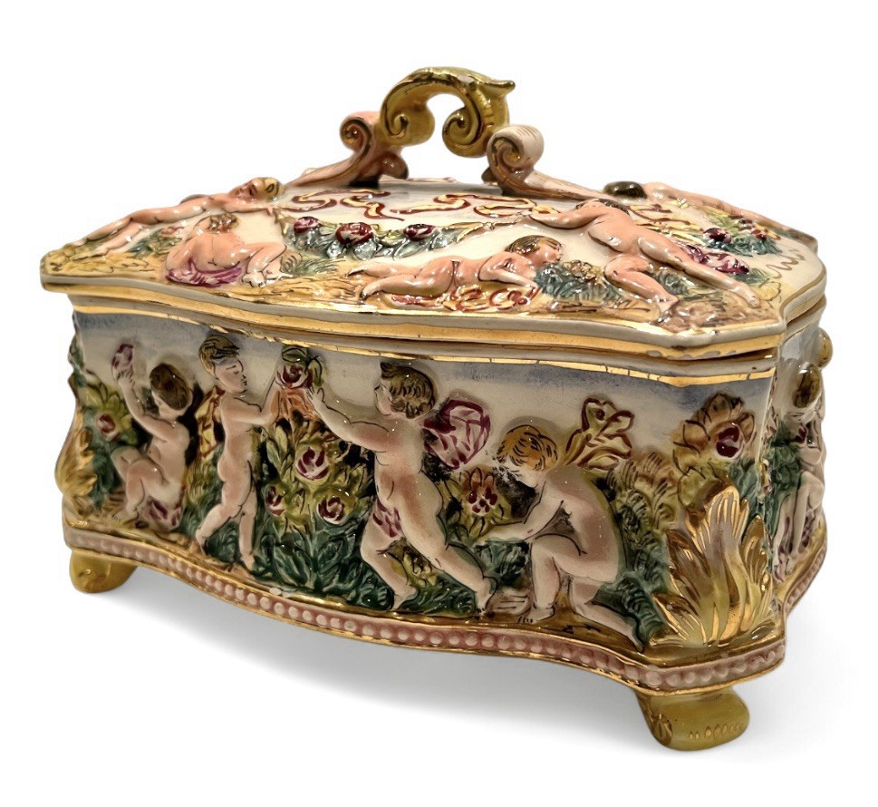 Ardalt Capodimonte Italian Porcelain Covered Box 8×6¼”, Cherubs Relief; c1950