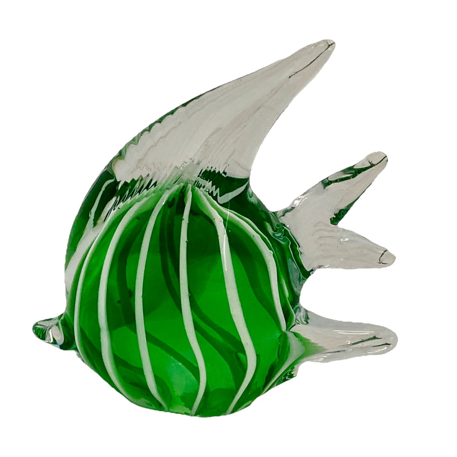 Vintage Murano Style Art Glass Tropical Angelfish Figurine Green White Striped