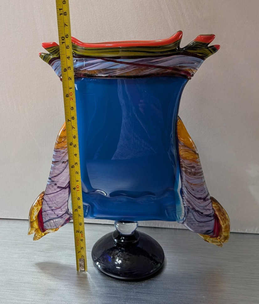 Large Peter Secrest Signed Art Glass Pedestal Vase: 10.25″, Memphis Style, 1997